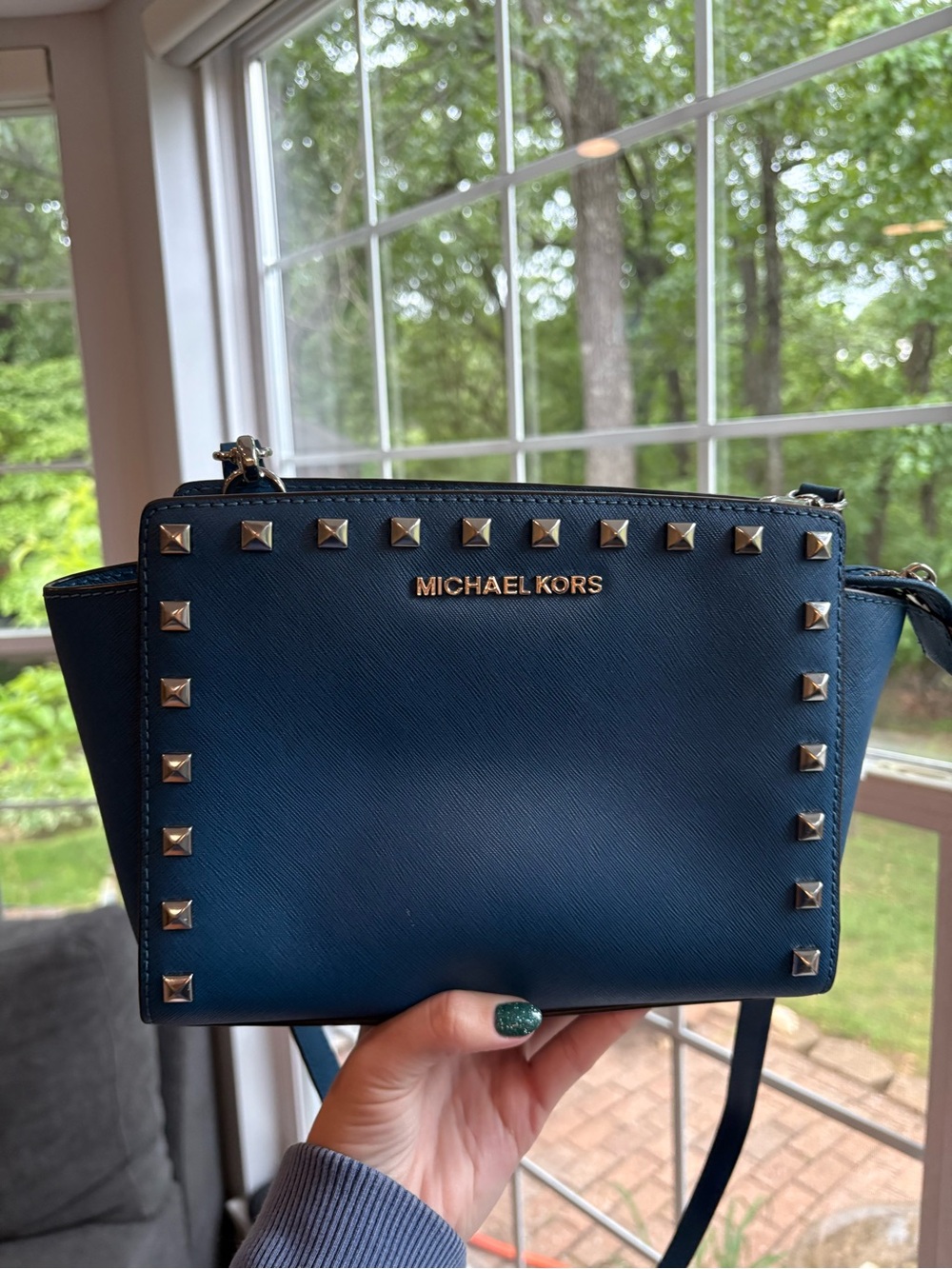 Michael Kors Selma Navy Blue Studded Messenger Crossbody Bag Purse
